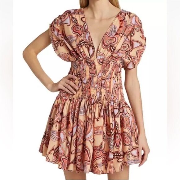 ALC Luna Printed Smocked Mini Dress Deep V-Neck Womens Multicolor Size 8 Boho - Picture 1 of 16
